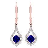 10K Rose Gold Round 5 MM Blue Sapphire & White Diamond Ladies Dangling Drop Earrings