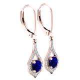 10K Rose Gold Round 5 MM Blue Sapphire & White Diamond Ladies Dangling Drop Earrings