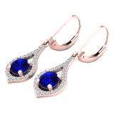 10K Rose Gold Round 5 MM Blue Sapphire & White Diamond Ladies Dangling Drop Earrings
