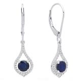 10K White Gold Round 5 MM Blue Sapphire & White Diamond Ladies Dangling Drop Earrings