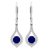 10K White Gold Round 5 MM Blue Sapphire & White Diamond Ladies Dangling Drop Earrings