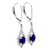 10K White Gold Round 5 MM Blue Sapphire & White Diamond Ladies Dangling Drop Earrings