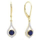 10K Yellow Gold Round 5 MM Blue Sapphire & White Diamond Ladies Dangling Drop Earrings