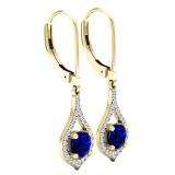 10K Yellow Gold Round 5 MM Blue Sapphire & White Diamond Ladies Dangling Drop Earrings
