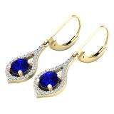 10K Yellow Gold Round 5 MM Blue Sapphire & White Diamond Ladies Dangling Drop Earrings