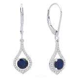 18K White Gold Round 5 MM Blue Sapphire & White Diamond Ladies Dangling Drop Earrings