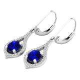 18K White Gold Round 5 MM Blue Sapphire & White Diamond Ladies Dangling Drop Earrings