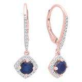 10K Rose Gold Round 5 MM Blue Sapphire & White Diamond Ladies Dangling Drop Earrings