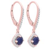 10K Rose Gold Round 5 MM Blue Sapphire & White Diamond Ladies Dangling Drop Earrings