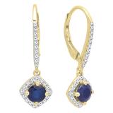 10K Yellow Gold Round 5 MM Blue Sapphire & White Diamond Ladies Dangling Drop Earrings