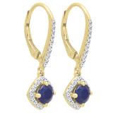 10K Yellow Gold Round 5 MM Blue Sapphire & White Diamond Ladies Dangling Drop Earrings