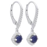 14K White Gold Round 5 MM Blue Sapphire & White Diamond Ladies Dangling Drop Earrings