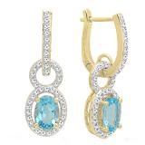 10K Yellow Gold 7X5 MM Oval Cut Blue Topaz & Round Cut White Diamond Ladies Dangling Earrings
