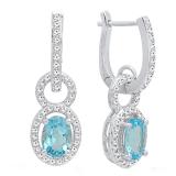 18K White Gold 7X5 MM Oval Cut Blue Topaz & Round Cut White Diamond Ladies Dangling Earrings