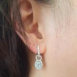 18K White Gold 7X5 MM Oval Cut Blue Topaz & Round Cut White Diamond Ladies Dangling Earrings