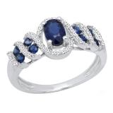 10K White Gold 6X4 MM Oval & Round Cut Blue Sapphire And Round Diamond Ladies Engagement Ring