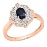 10K Rose Gold 6X4 MM Oval Cut Blue Sapphire & Round Diamond Bridal Vintage Engagement Ring
