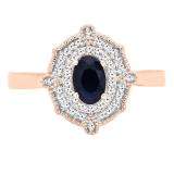 10K Rose Gold 6X4 MM Oval Cut Blue Sapphire & Round Diamond Bridal Vintage Engagement Ring