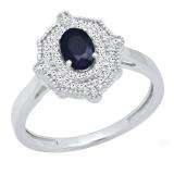 10K White Gold 6X4 MM Oval Cut Blue Sapphire & Round Diamond Bridal Vintage Engagement Ring