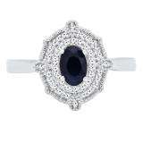 10K White Gold 6X4 MM Oval Cut Blue Sapphire & Round Diamond Bridal Vintage Engagement Ring