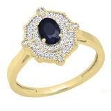 10K Yellow Gold 6X4 MM Oval Cut Blue Sapphire & Round Diamond Bridal Vintage Engagement Ring