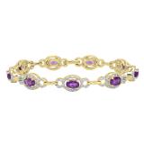 10K Yellow Gold Oval Cut Amethyst & Round Cut White Diamond Ladies Link Tennis Bracelet