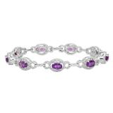 18K White Gold Oval Cut Amethyst & Round Cut White Diamond Ladies Link Tennis Bracelet