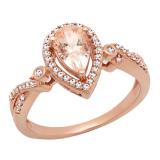 10K Rose Gold 8X6 MM Pear Cut Morganite & Round White Diamond Ladies Halo Style Engagement Ring
