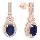 10K Rose Gold 7X5 MM Oval Cut Blue Sapphire & Round Cut White Diamond Ladies Dangling Earrings