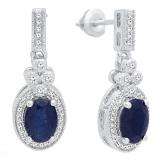 10K White Gold 7X5 MM Oval Cut Blue Sapphire & Round Cut White Diamond Ladies Dangling Earrings