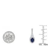 14K White Gold 7X5 MM Oval Cut Blue Sapphire & Round Cut White Diamond Ladies Dangling Earrings