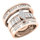 1.10 Carat (ctw) 14K Rose Gold Baguette & Round White Diamond Men & Women's Ring Trio Set 1 CT