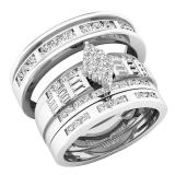 1.10 Carat (ctw) 14K White Gold Baguette & Round White Diamond Men & Women's Ring Trio Set 1 CT
