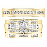 1.10 Carat (ctw) 14K Yellow Gold Baguette & Round White Diamond Men & Women's Ring Trio Set 1 CT