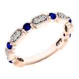 10K Rose Gold Round Blue Sapphire And White Diamond Ladies Vintage Style Anniversary Wedding Band