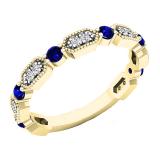 10K Yellow Gold Round Blue Sapphire And White Diamond Ladies Vintage Style Anniversary Wedding Band
