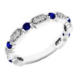 14K White Gold Round Blue Sapphire And White Diamond Ladies Vintage Style Anniversary Wedding Band