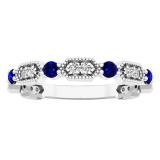 14K White Gold Round Blue Sapphire And White Diamond Ladies Vintage Style Anniversary Wedding Band