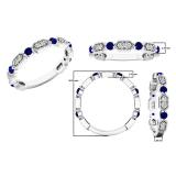 14K White Gold Round Blue Sapphire And White Diamond Ladies Vintage Style Anniversary Wedding Band