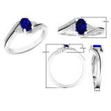 10K White Gold 6X4 MM Oval Cut Blue Sapphire & Round Diamond Ladies Bypass Bridal Engagement Ring