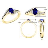 10K Yellow Gold 6X4 MM Oval Cut Blue Sapphire & Round Diamond Ladies Bypass Bridal Engagement Ring