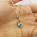 14K White Gold 5 MM Heart Cut Blue Topaz & Round Diamond Heart Pendant (Silver Chain Included)