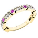 14K Yellow Gold Round Pink Sapphire And White Diamond Ladies Vintage Style Anniversary Wedding Band