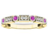 18K Yellow Gold Round Pink Sapphire And White Diamond Ladies Vintage Style Anniversary Wedding Band