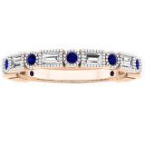 10K Rose Gold Round Blue Sapphire & Baguette Cut White Diamond Ladies Anniversary Wedding Band
