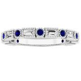 10K White Gold Round Blue Sapphire & Baguette Cut White Diamond Ladies Anniversary Wedding Band