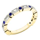 10K Yellow Gold Round Blue Sapphire & Baguette Cut White Diamond Ladies Anniversary Wedding Band