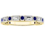 10K Yellow Gold Round Blue Sapphire & Baguette Cut White Diamond Ladies Anniversary Wedding Band