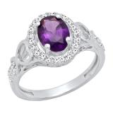 18K White Gold 8X6 MM Oval Amethyst & Round White Diamond Ladies Bridal Engagement Ring