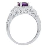 18K White Gold 8X6 MM Oval Amethyst & Round White Diamond Ladies Bridal Engagement Ring
